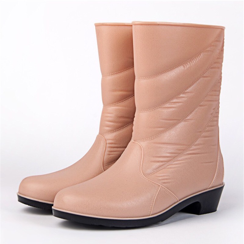【CROWN JEWELS 皇力牌】皮紋中筒雨靴(專利氣墊雨鞋)米色