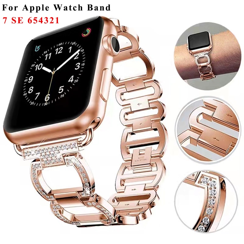 適用於 Apple Watch Series 7 Band 45mm 6 SE 5 4 3 2 1 鑽石豪華金屬的不銹鋼