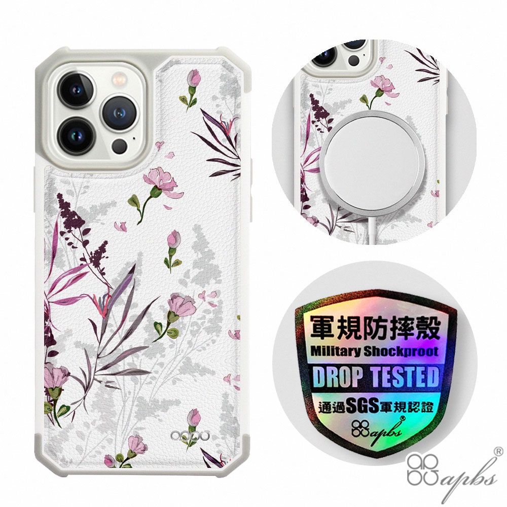 apbs iPhone 13 & 13 Pro & 13 Pro Max 軍規防摔皮革磁吸手機殼-粉玉蘭(上光版)白殼
