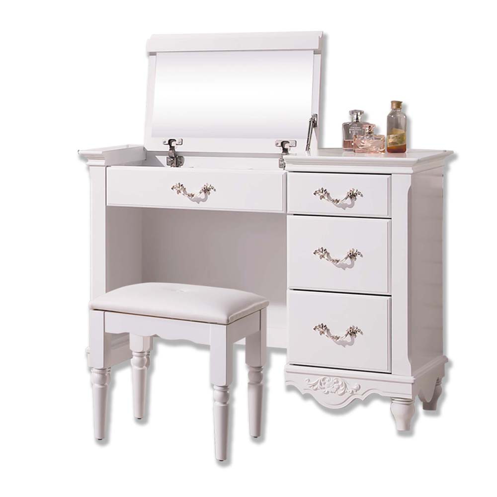 Boden-黛絲3.2尺法式歐風白色掀蓋式化妝桌/鏡台/梳妝台(贈化妝椅)
