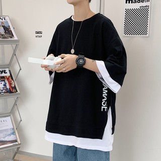 上衣兩件男生男士男裝大碼衛衣潮牌 下殺 長袖男春秋款寬松港風t 恤ins 潮流百搭上衣潮牌嘻哈假兩件衛衣大碼男裝男士上衣男生衣著