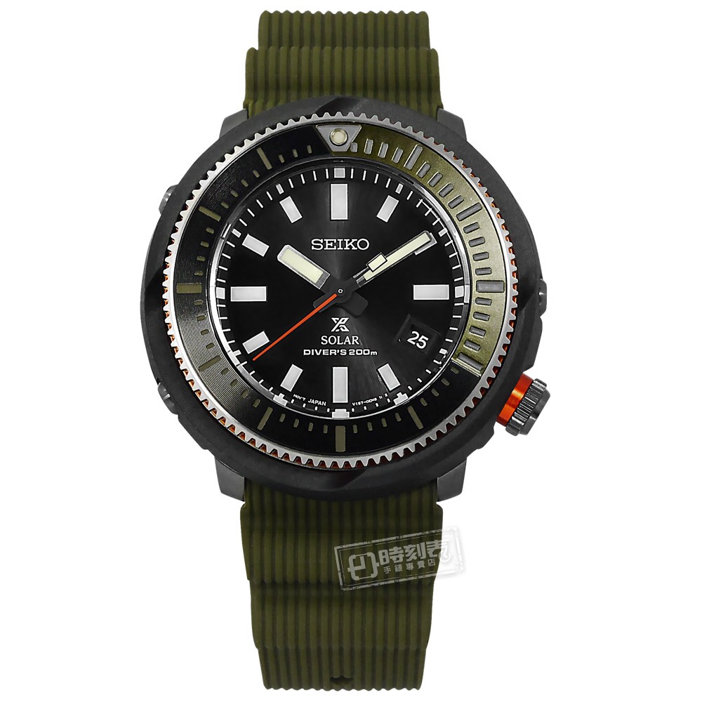 SEIKO 精工 / PROSPEX 鮪魚罐頭 潛水錶日期 矽膠手錶 黑x軍綠色 / V157-0DE0G / 47mm